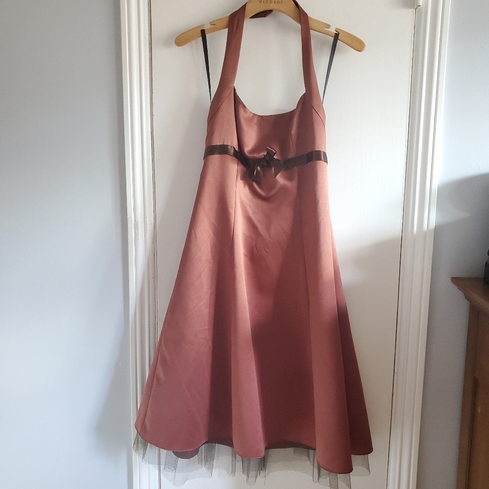 Vintage Y2K Halter Babydoll Dress Satin Brown w/ Bow Size 7/8 Retro Prom Formal - Picture 2 of 16